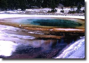 Rich, blue water framed by rainbow-colored bacteria makes Beauty Pool a truly spectacular feature of the Upper Geyser Basin.