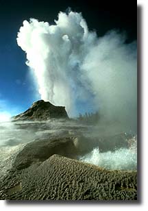 Castle Geyser's water phase is followed by a noisy steam phase.