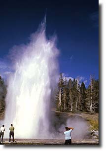 Grand Geyser blasts a huge column of water from a large pool.