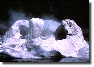 Grotto Geyser has a weirdly shaped cone reminiscent of cave-like formations.