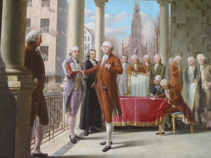George Washington taking his oath of office as the first president of the United States.