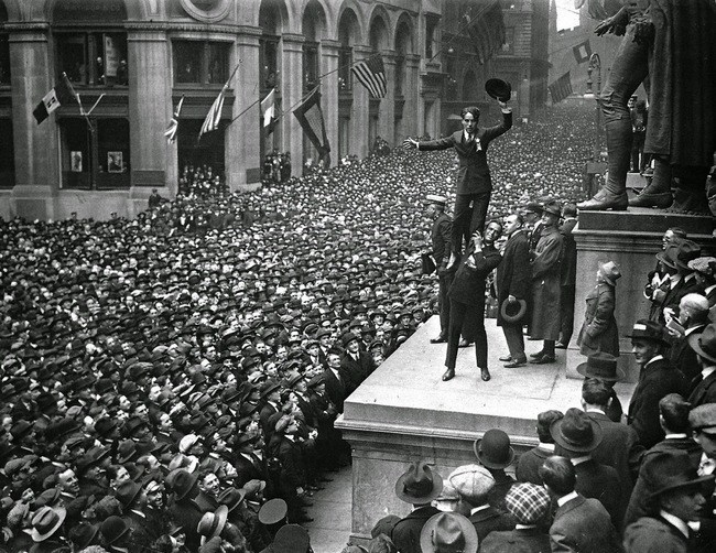 Douglas Fairbanks and Charlie Chaplin in front of Federal Hall during a War Bond Rally in 1918
