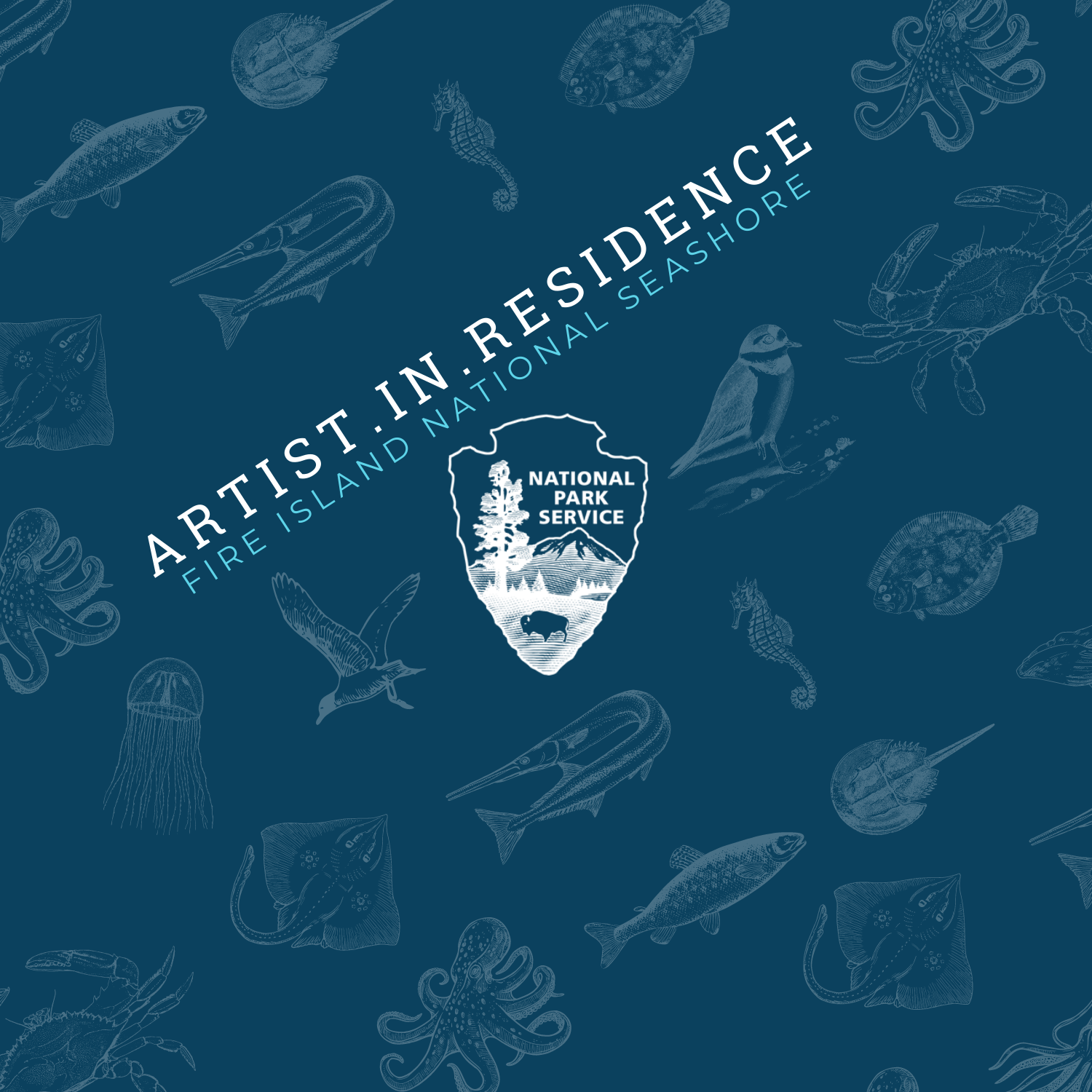 A blue and white graphic features a National Park Service logo and an assortment of illustrated seashore creatures. Text reads "Artist.In.Residence Fire Island National Seashore".
