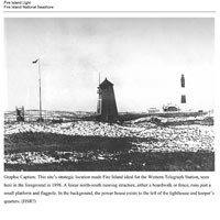 Wooden Western Union Tower on barrier island with Fire Island Lighthouse in background.