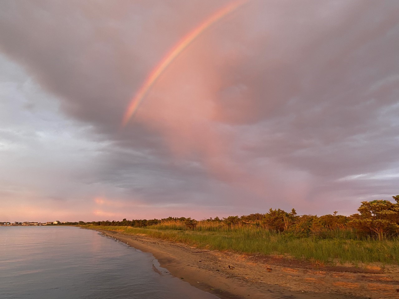 A rainbow over water and wetlands at sunset