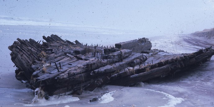 A 1975 photo of the hull of what is believed to be the Bessie White wreck.