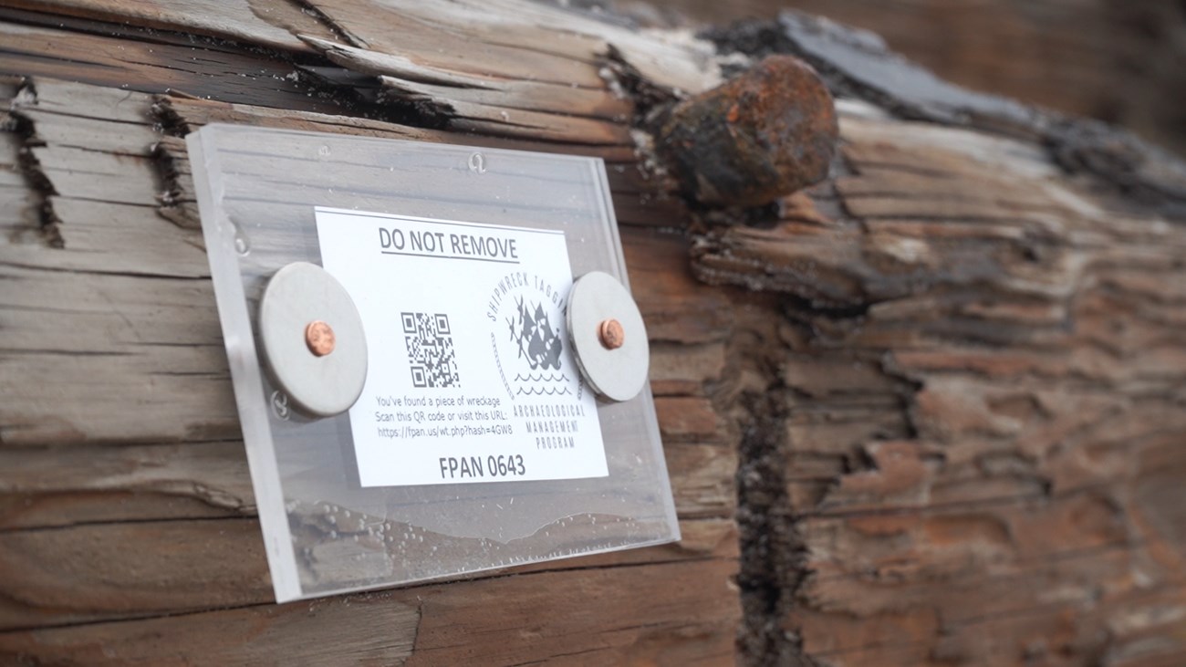 A white tage features a QR code and shipwreck logo and is attached to a piece of shipwreck.