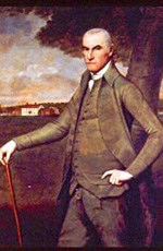 Portrait of an older gentleman, William Floyd, standing with cane in front of his mid-1700s manor house on Long Island. Portrait of an older gentleman, William Floyd, standing with cane in front of his mid-1700s manor house on Long Island.