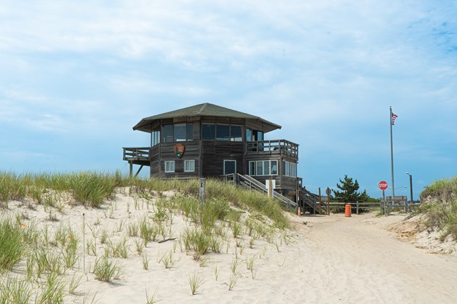 A wooden, octagonal building with dune grass in front.