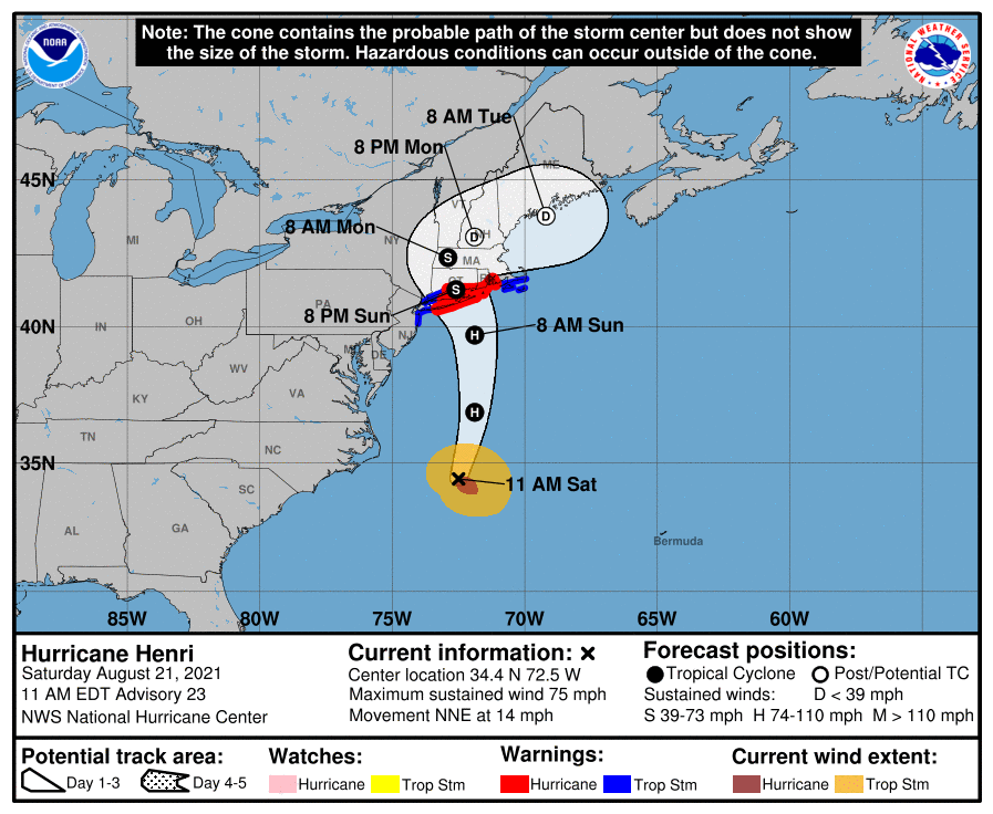 Graphic defining the possible path of Hurricane Henri along the east coast of the US.