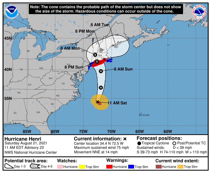 151351_5day_cone_no_line_and_wind Graphic defining the possible path of Hurricane Henri along the east coast of the US.