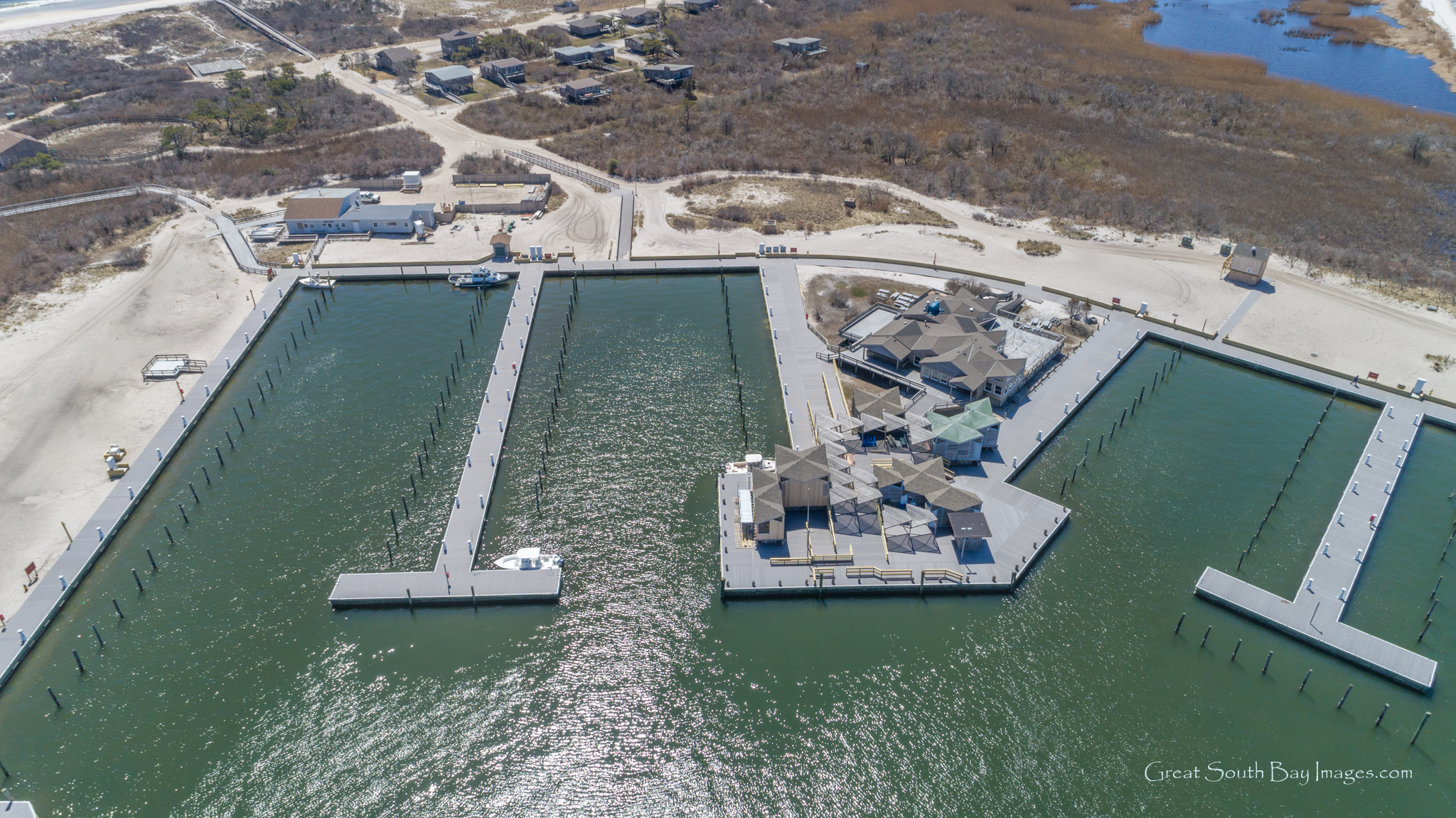 Aerial view of Watch Hill marina. (Photo by Mike Busch) Aerial view of large marina.