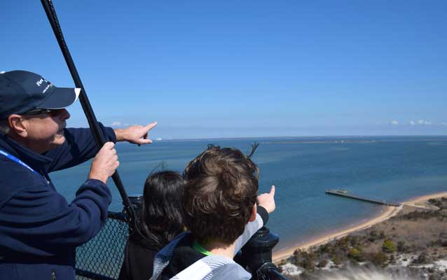 Children look out over the Great South Bay from the top of the Fire Island Lighthouse tower.