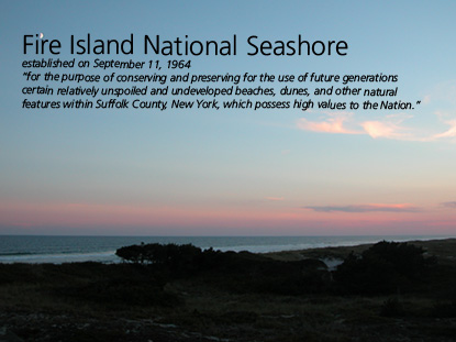 Moonrise and sunset over Fire Island, with text: "Fire Island National Seashore established on September 11, 1964."