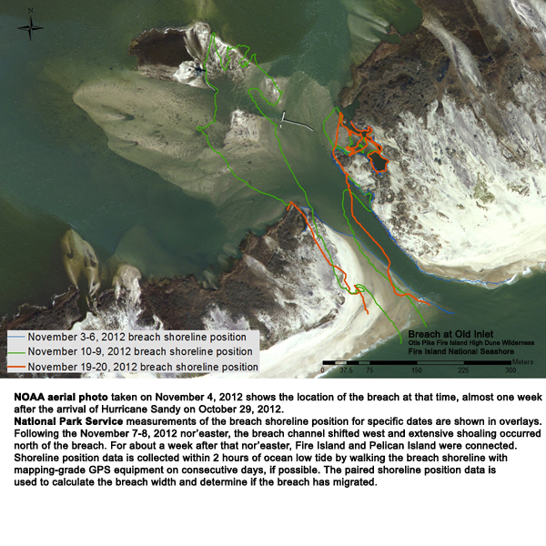 Photo showing position of the breach at Old Inlet on 11-20-2012.