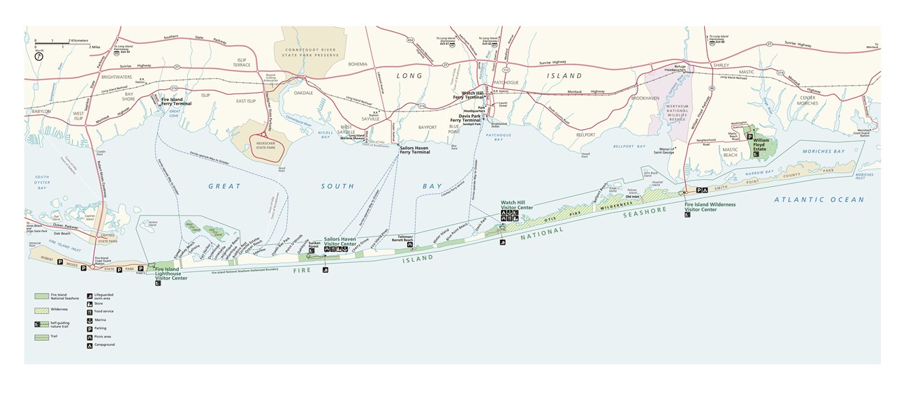 A map showing the details of National Park Service visitor areas on Fire Island and the William Floyd Estate. Includes surrounding area.