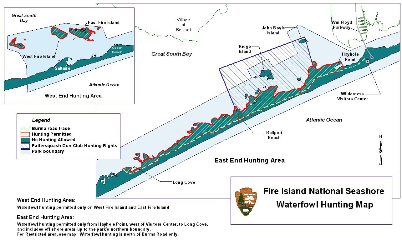 Map showing Hunting areas within Fire Island Boundaries.