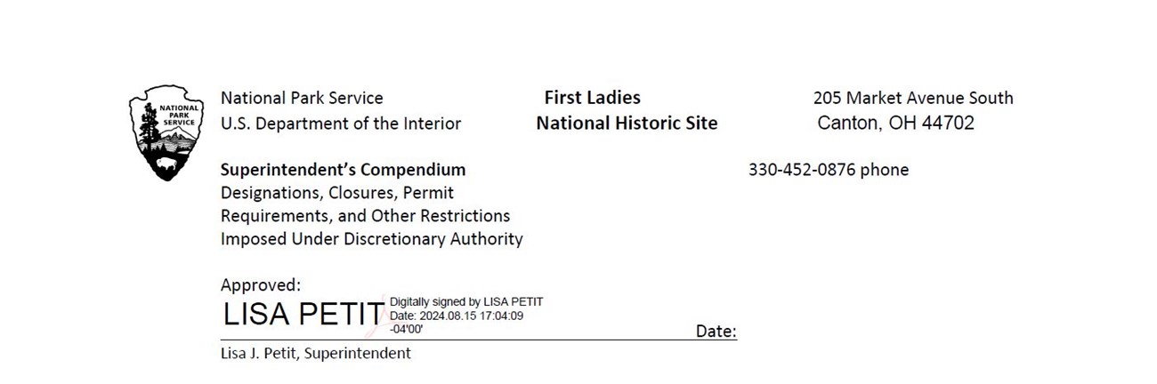 Compendium header with black and white NPS arrowhead and the Superintendent's electronic signature; header text is repeated below