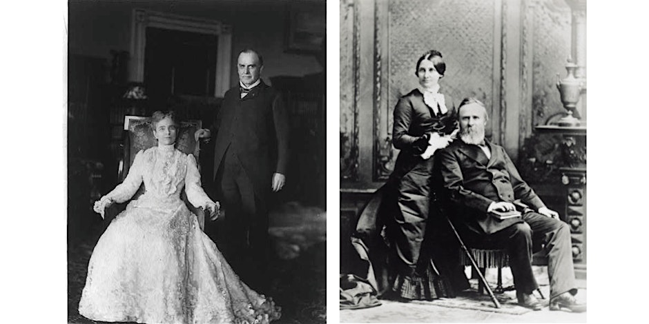 Hayes McKinley Left photo of Ida Mckinly sitting down and her husband William McKinley standing next to her. The right photo is of President Rutherford Hayes sitting down with his wife Lucy Hayes standing behind him