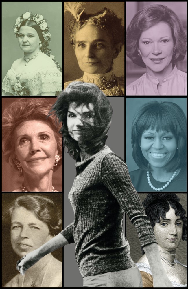 collage of different first ladies in multicolored boxes