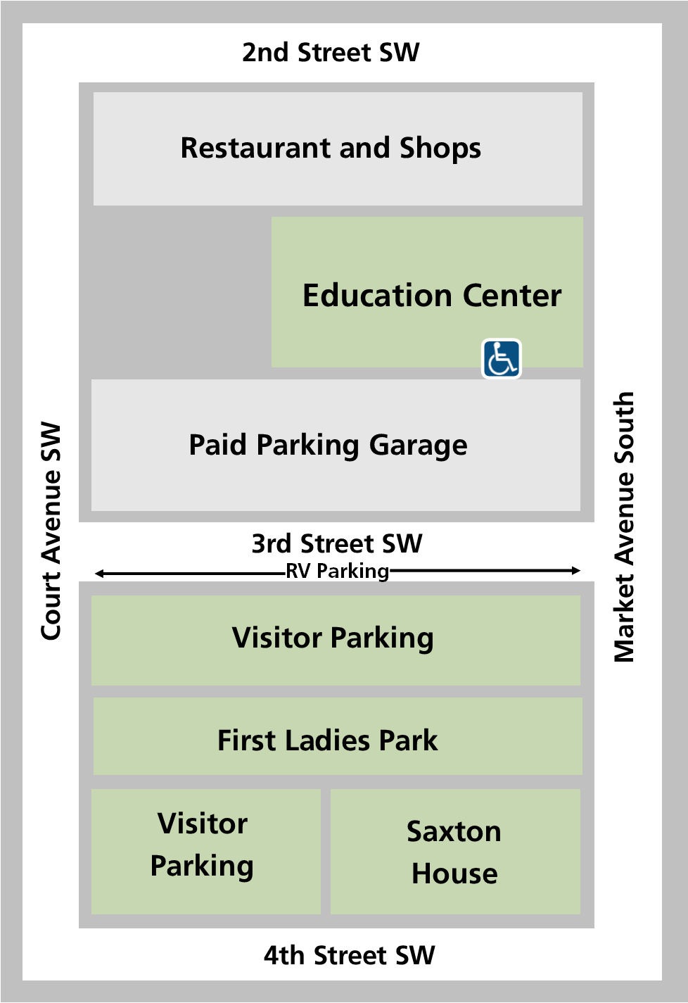 Map showing the location of the education center is one block north of the parking lots and Saxton House.
