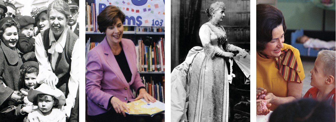 4 images of first ladies in a row: eleanor roosevelt,laura bush, caroline harrison, and and ladybird johnson. All of the first ladies are reading or interacting with children