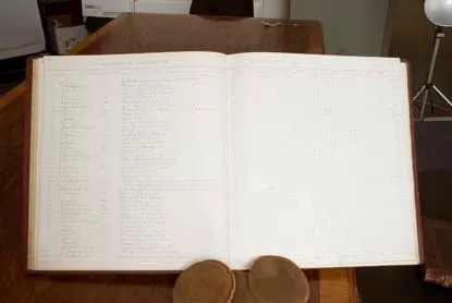 The Red Stack Tugboat Ledgers showing a page from the volume covering 1908-1909.