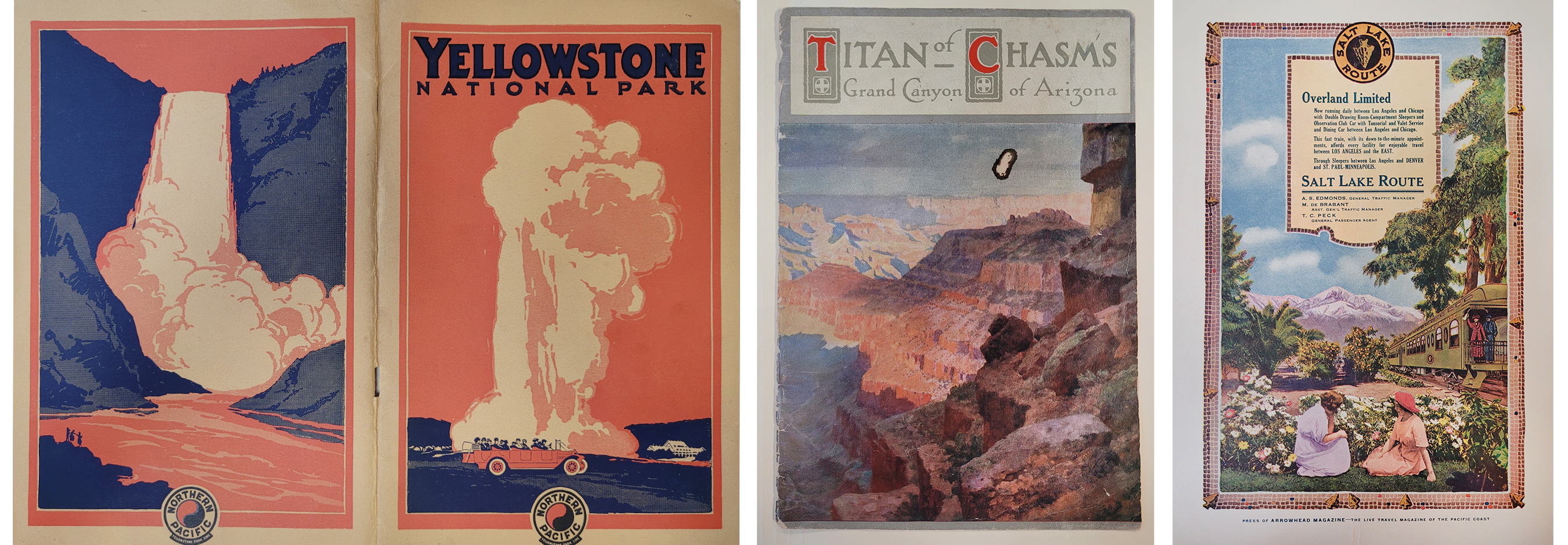 Railroad brochure covers for Yellowstone, Grand Canyon, and the Salt Lake Line with two women sitting among flowers with train in background.