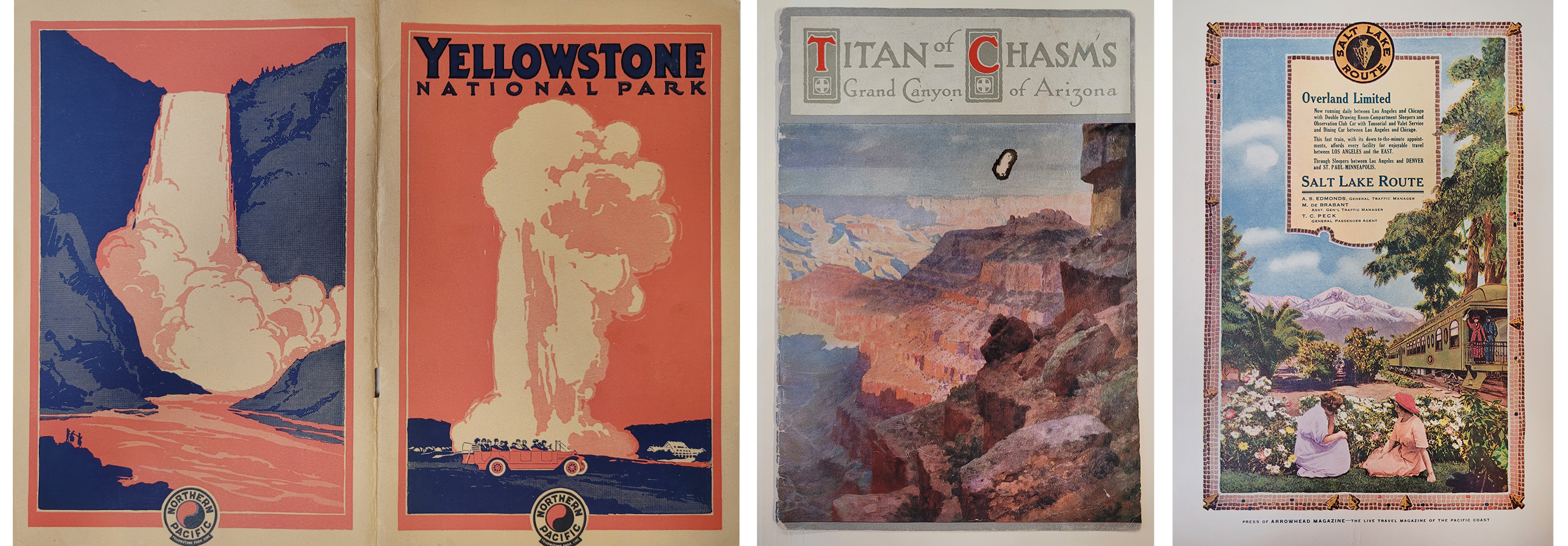 Three railroad brochures Railroad brochure covers for Yellowstone, Grand Canyon, and the Salt Lake Line with two women sitting among flowers with train in background.