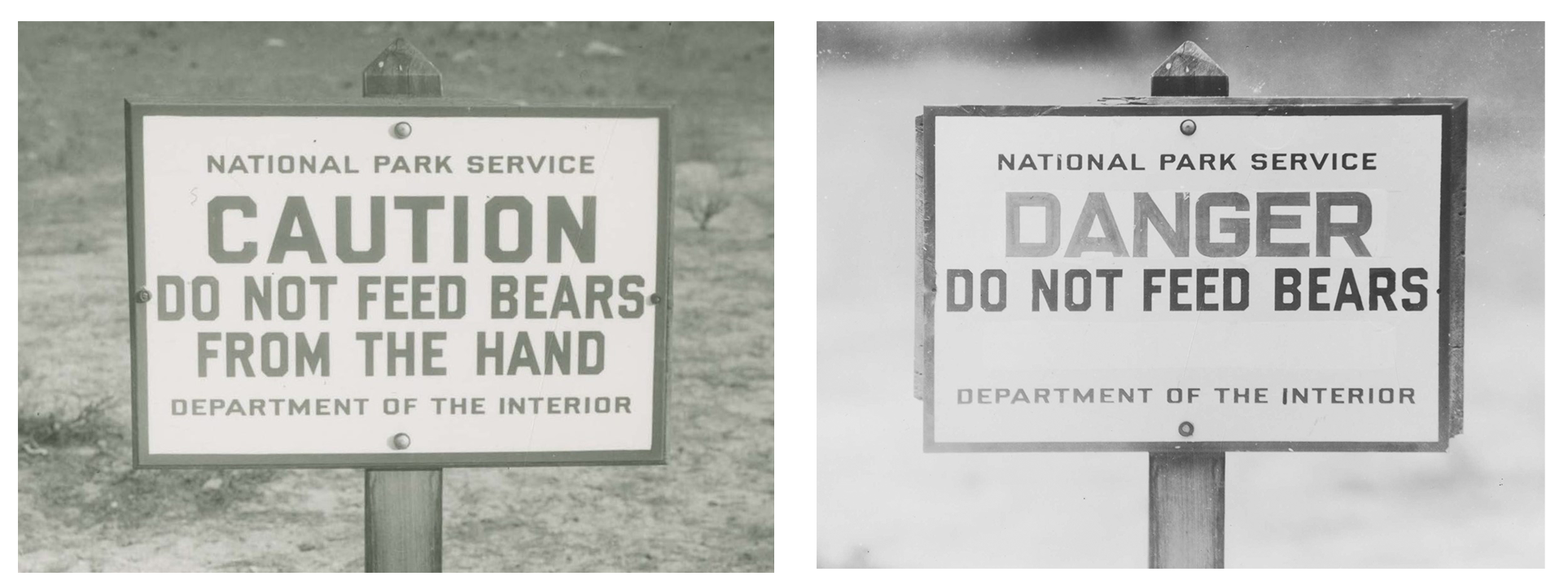 Two signs showing how language about bear feeding changed