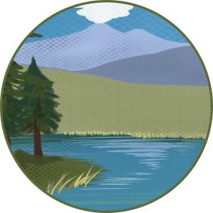 Illustration of large volcanoes shown in the background of a calm lake and Redwoods surrounding the lake.