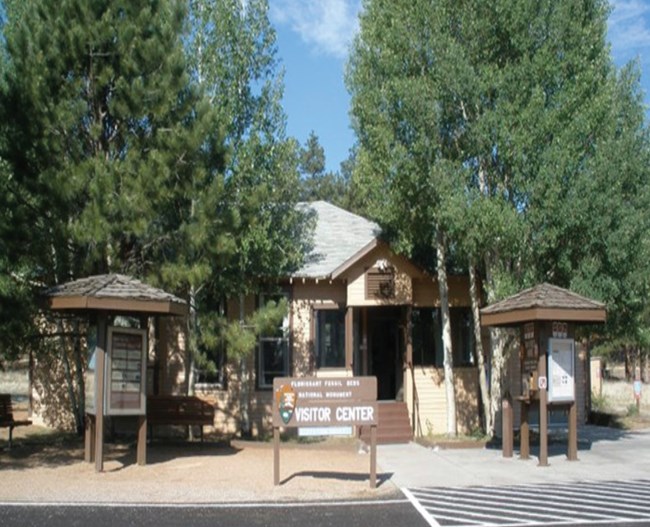 a visitor center surrounded by ponderosa pines