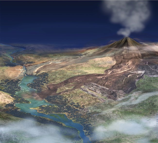 An artistic reconstruction of the Guffey volcano 34 million years ago depicts fresh volcanic debris spilling into Lake Florissant. In the background, the valley stream erodes through a dam of older volcanic material.