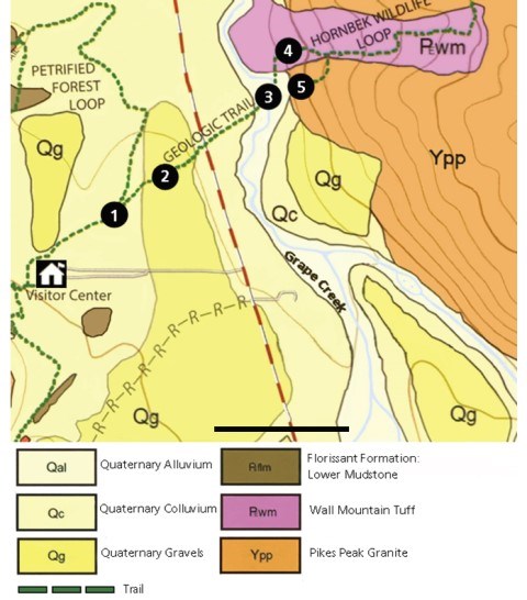 Colored map showing highlights of Geologic Trail and geologic formations