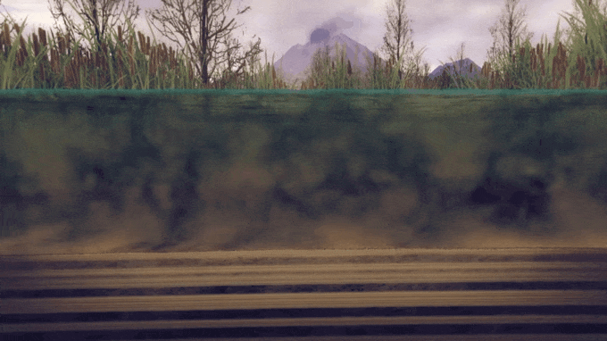GIF image showing ash and sediments forming thin layers at the bottom of the lake. A zoomed view shows microscopic single celled algae that have sharp and angular shapes which die and settle to the bottom of the lake.