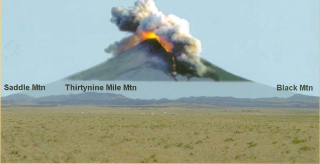 A large eruptive volcano is shown. Half of the volcano is transparent showing several dark hills which are the remnants the volcanic complex.
