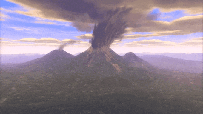 A moving image shows a dark gray cloud of ash being erupted from a tall volcano. Rain falls from the sky and mixes with the volcanic ash to form a gray volcanic mudflow travelling from the volcano and burying the forest.