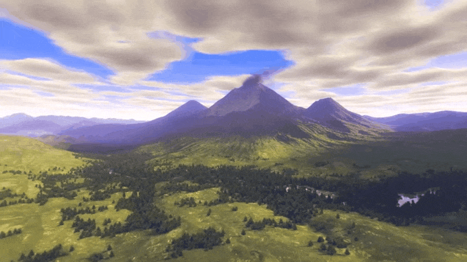 GIF image showing a volcano that has erupted ash that combines with rainwater to form a volcanic mudflow that blocks a stream in which the valley becomes flooded to form a lake that is shown at a closer view showing cattails and other plants.