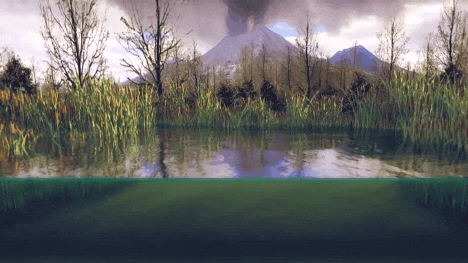 Volcanoes in the distance spew volcanic ash that falls into the lake. Layers of sediments, clays, diatoms and silts along with the volcanic ash create layers in which leaf litter, insects, and dead fish are compressed in between.