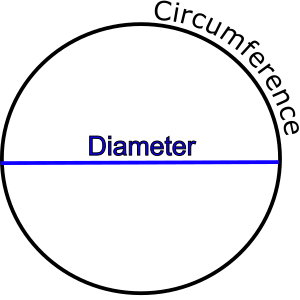 Diagram showing a black circle with the word circumference wrapped on the outside of the circle. A straight blue line cuts through the middle of the circle with the word diameter in a blue font.