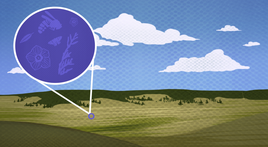An artist rendition of the modern Florissant Valley which shows a distant forest and rolling green hills beneath a blue sky.