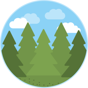 A round graphic shows various pine trees beneath a blue sky.