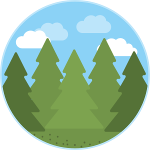 A round graphic shows various pine trees beneath a blue sky.