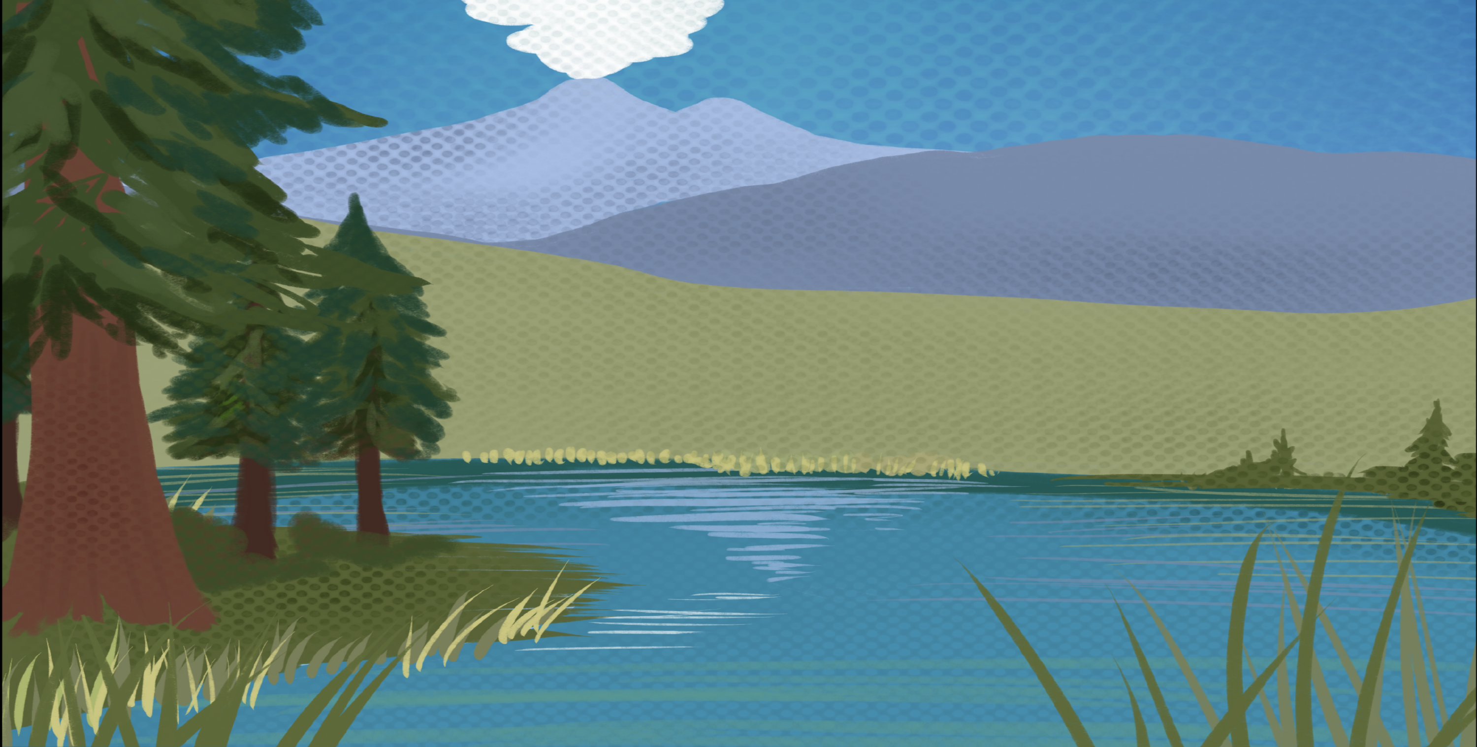 Artist rendition of the ancient lake, forest and volcanoes in Eocene Florissant.