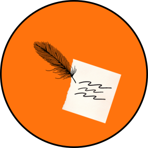 Inside of a round orange circle, a quill pen is shown scribbling on a piece of paper.