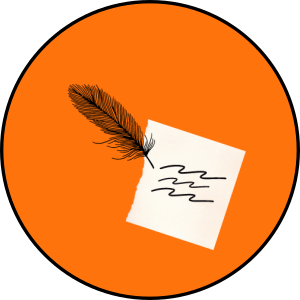 Poem Writing Inside of a round orange circle, a quill pen is shown scribbling on a piece of paper.