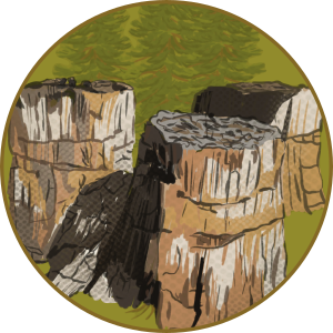 An illustration showing three petrified Redwood stumps with semi-transparent live Redwood trees behind the stumps.