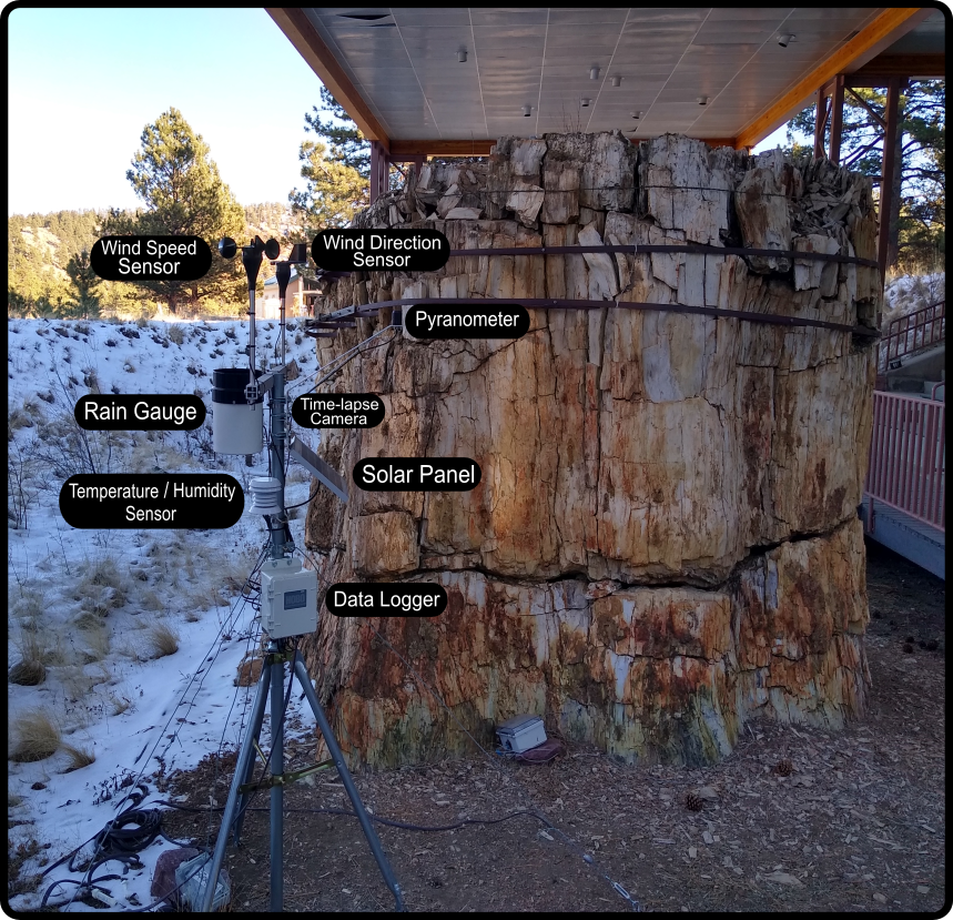 Large, fractured, tan petrified stump pictured next to a tripod that has different weather sensors that are labelled: a data logger, solar panel, temperature and humidity sensor, rain gauge, wind speed and direction sensor, a pyranometer, and camera.