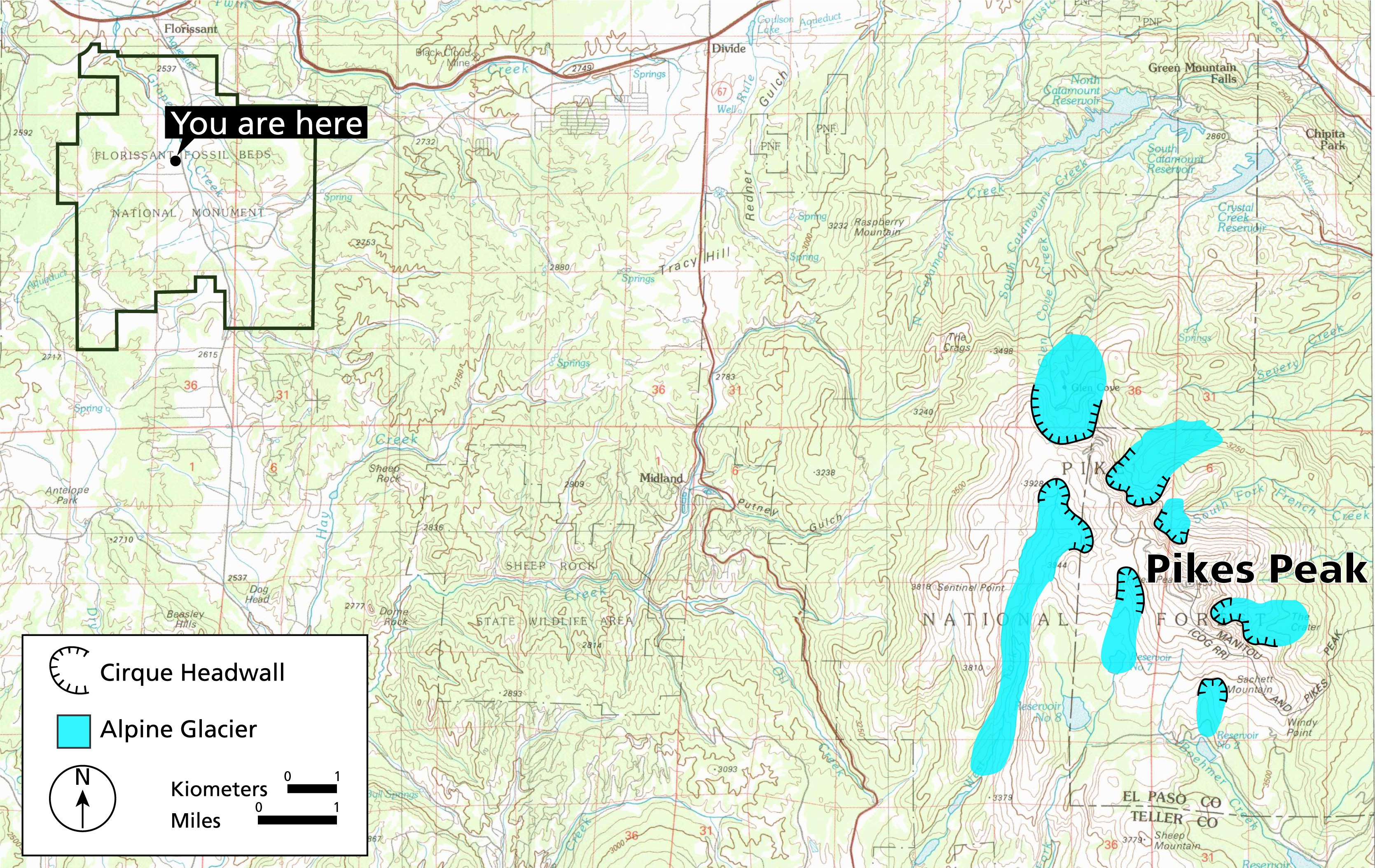 A topographic map showing the boundaries of the monument in the upper left corner and Pikes Peak on the right side with the now melted glaciers indicated with blue blobs on the peak.