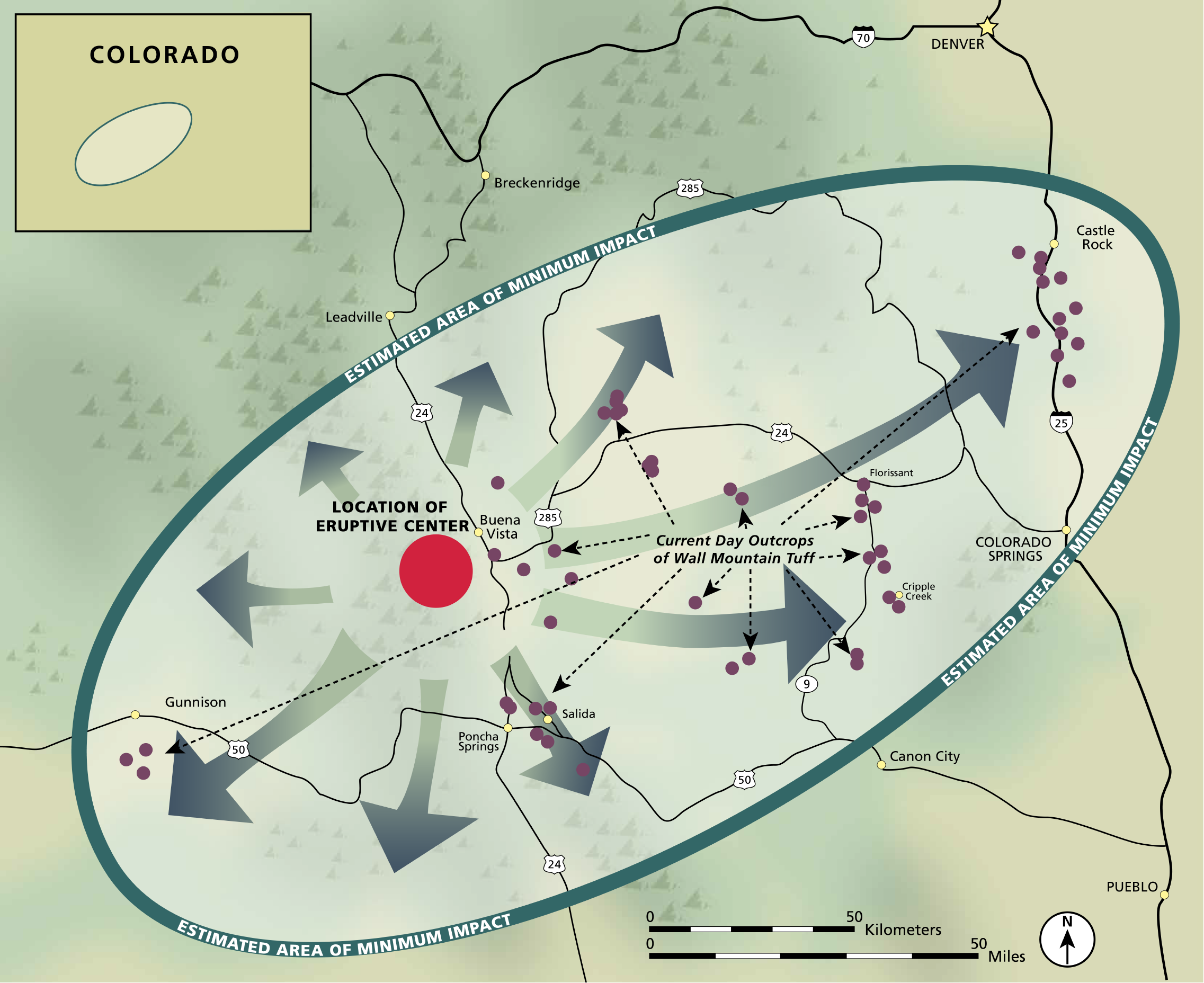 Diagram showing hypothetical extent of Wall Mountain Tuff eruption, a large oval that circles around Castle Rock and Gunnison and nearly touching Leadville and Canon City.